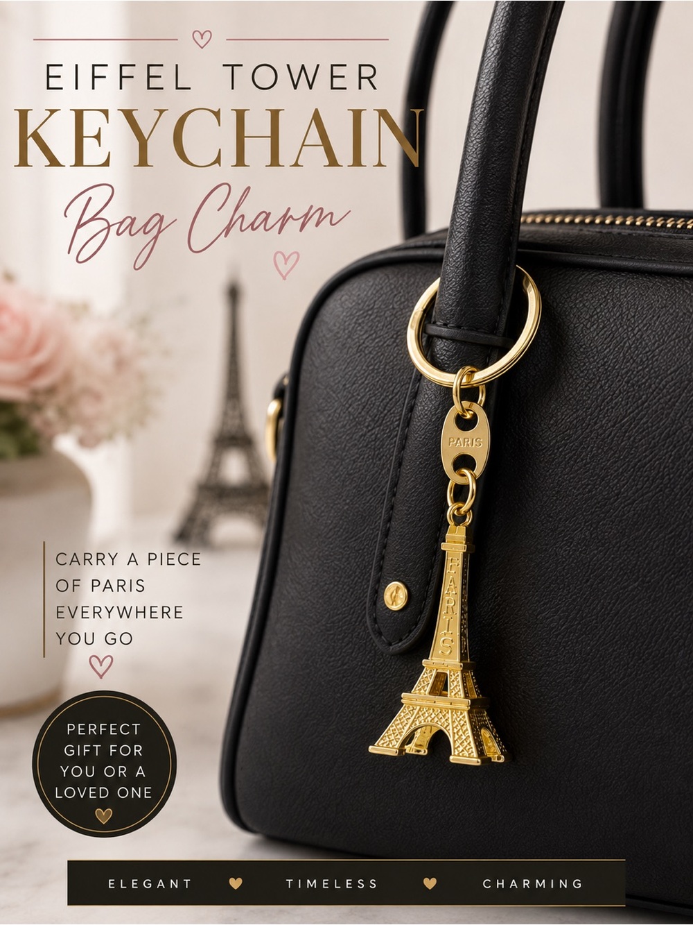 Eiffel Tower Keychain Bag Charm Gold Tone NWOT Paris France